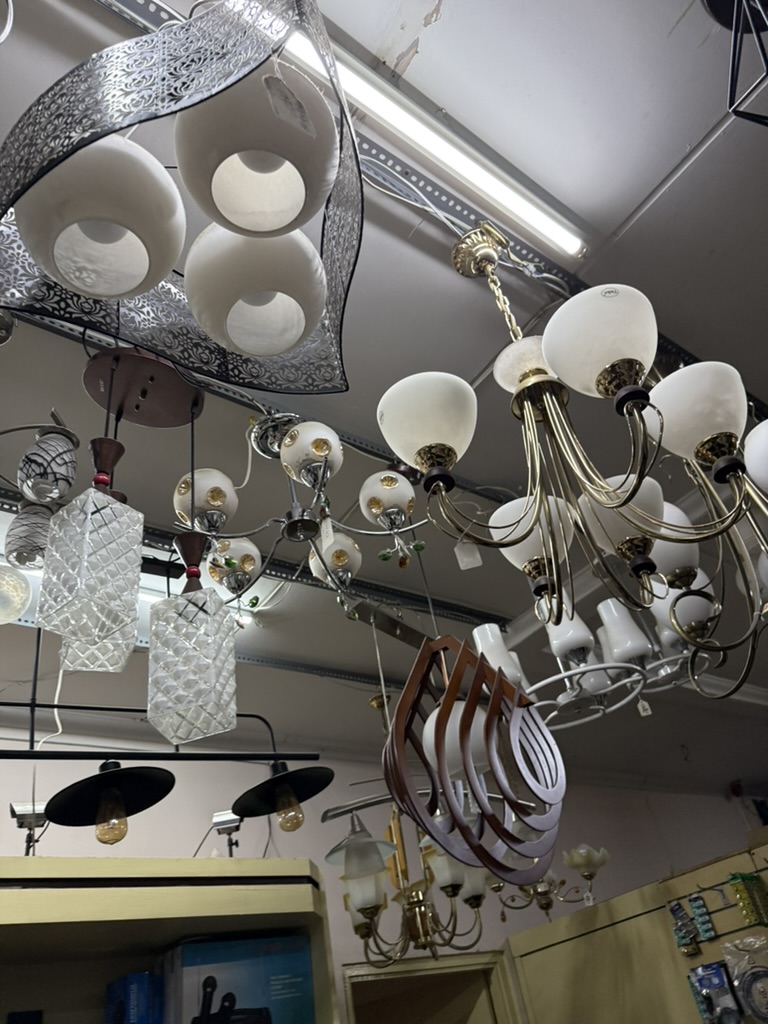 A ceiling dense with pendant lamps, shades and fans, photographed looking upward from the shop floor.
