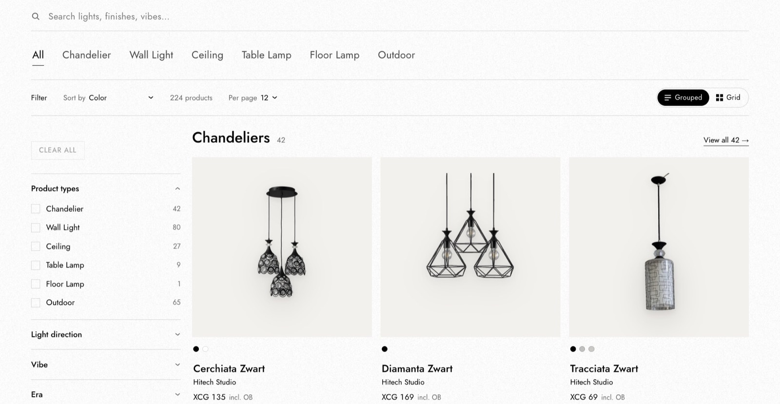 The live Hi-Tech storefront: a searchable catalogue of 224 lights with sidebar counts by type, and a row of chandeliers each on a clean studio background with its name and price.